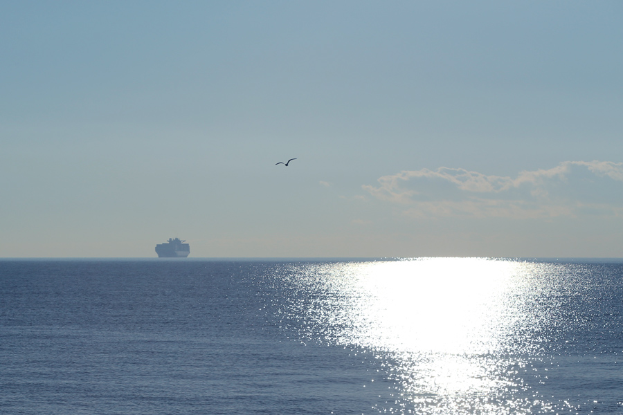 A cargo ship on the horizon in a Mediterranean seascape under a clear sky